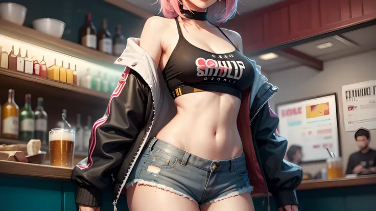 A full body shot (hotify:1.2) 1girl, bar, pub, indoors, beer_can, black_shorts, can, cowboy_shot, crop_top, dolphin_shorts, drinking, flower-shaped_hair, grey_jacket, heart, holding, holding_can, jacket, long_sleeves, medium_hair, midriff, navel, off_shoul...