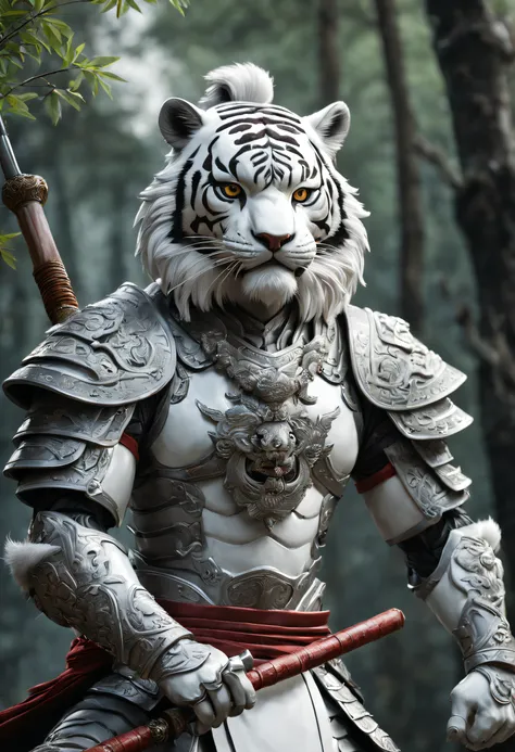 realistic style photo, full body of fighting pose eternity white chinese tiger god legend with a human body holding long handle ...