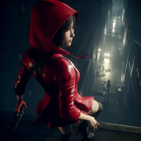 Ada wong, beautiful face, woman, bob hair, perfect Face, wearing mini red dress hoody, wearing hoody, black nail polish