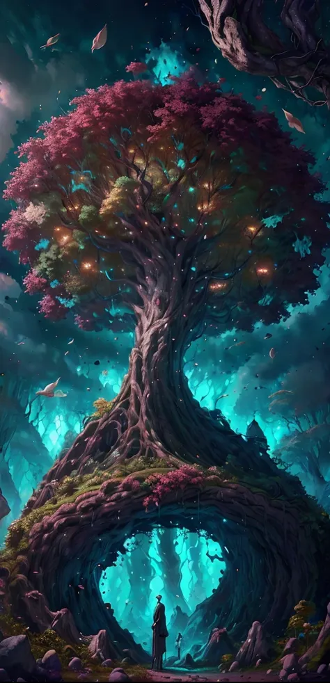 there's a tree that's in the middle of a painting, fantasy tree, magic tree, magic tree, fantasy magical vegetation, large magic...