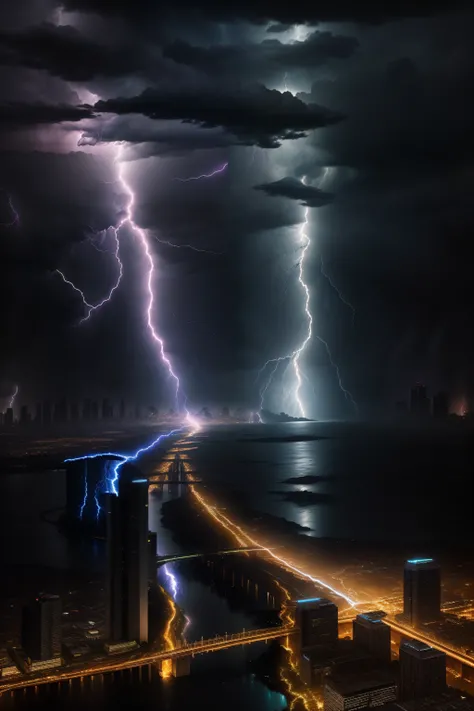 Lightning strikes over cities with rivers and bridges.., Beautiful lightning, Lightning from above, Weather Photography, Storm Lighning, Lightning storm, Epic light from above, Beatifull Bolt, Rear lightning, lighing drama, Amazing lightning, Light and thu...