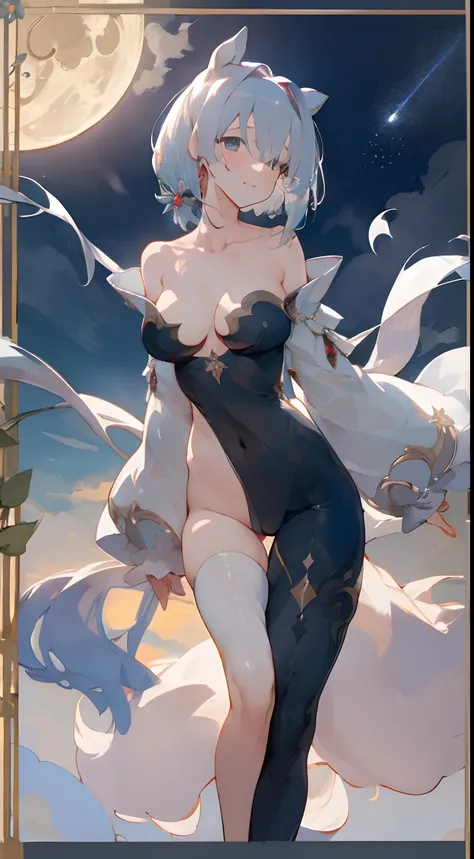 Leakage out of the collarbone，Neck leakage，Pose for a photo，Bigboobs，upper legs，dual horsetail，Transparent sex clothing，Flower frame，Decorative panels， starrysky， natta， exteriors， Clouds， Eau， Sumeru， Clouds， themoon，