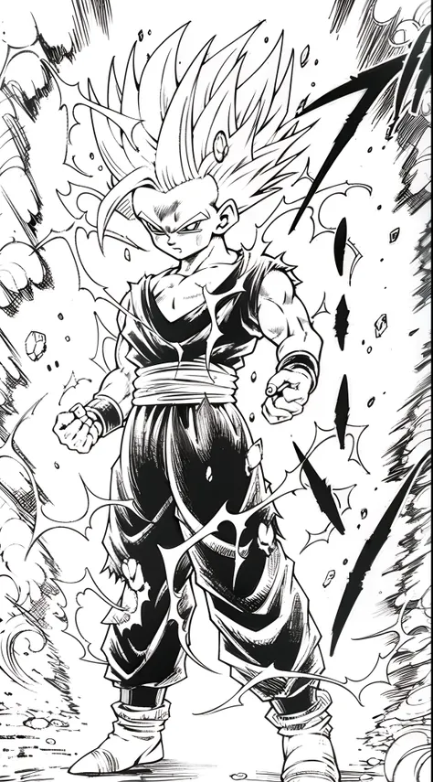 a drawing of a young gohan with a sword in his hand, striking manga artstyle, super saiyan, black and white manga panel, going s...