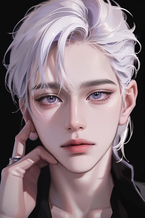 (best quality,4k,8k,highres,masterpiece:1.2),ultra-detailed,(realistic,photorealistic,photo-realistic:1.37), (((man))), ((masculine face)), portrait,illustration, vivid colors,(platinum white hair), 25 years old,purple eyes,solo man, confident expression,h...