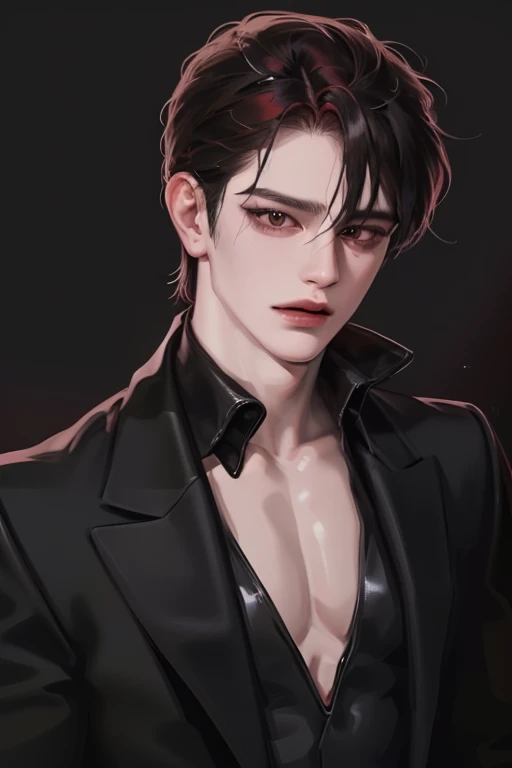 photography of a sexy man, a solo man, (((man))), ((masculine face)), 25 years old, vampire, bad boy, handsome, realistic, (red eyes), expressive look, black hair, long bangs, rose pale lips, (((dark background))), (((city backgtound))), shine hair, angula...