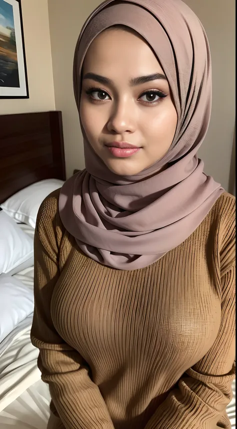 RAW, Best quality, high resolution, Masterpiece: 1.3), Beautiful 2Malay woman in hijab,Masterpiece, best quality,8k, brown eyes, perfect eyes,Huge breasts,long White sweater,close up, bedroom