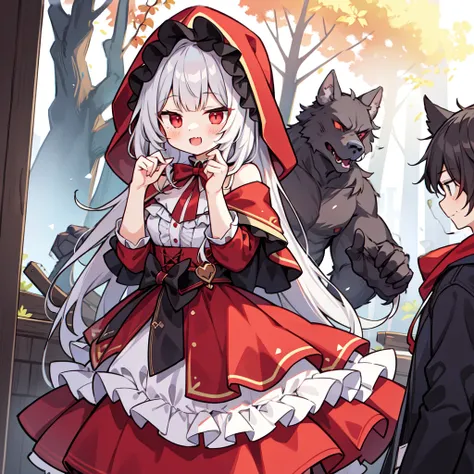 red riding hood、werewolf man、1girl in, 1boy