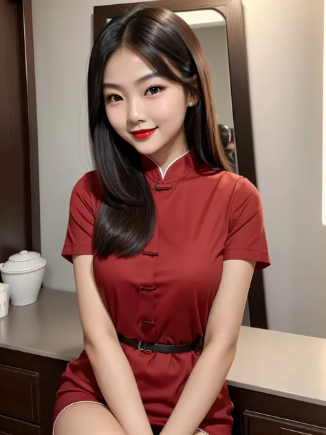 (Masterpiece), (Realistic), (Best Quality), (young)+(cute)+chinese woman, 18 years, dark skin, cute, very cute, broad jaw, big brown eyes, brown-black hair, long cheeks, slim thick, (hourglass body), curvy:0.3, short body, 150cm, small eyebrows:0.1, small ...