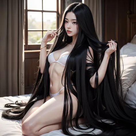 (Top image quality、top-quality、Top resolution、hyper realistic photography、Full body photo、​masterpiece、16ｋ、）1girl in、Surprisingly long black hair is super beautiful、hair length about 3 meters、White underwear or naked、Hide the whole body with straight black...