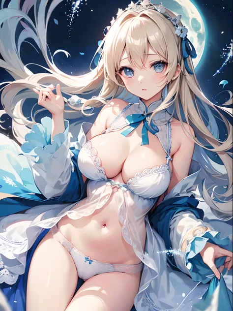 女の子1人、a blond、Blue eyes、length hair、fluffy and soft hair、Cinderella、Cinderellas Castle、Light blue lace dress、natta、Moonlight、Its snowing、爆乳、cleavage of the breast、Enchanted breasts、Enchanted thighs、Pink lip、耳Nipple Ring、White Lace Ribbon、frilld、Navel Eject...