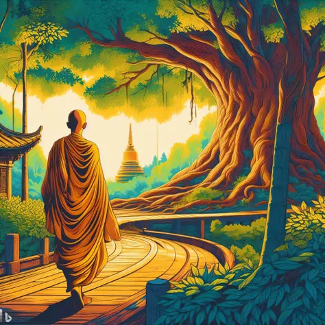 a painting of a monk walking down a path in a forest, on path to enlightenment, on the path to enlightenment, buddhist monk, bud...