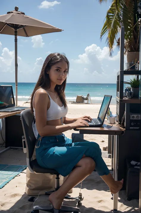 woman sitting at a table with a laptop and a book, sitting in front of a computer, in front of a computer, sitting in front of a computer, computers and holograms, creative coder with a computer, background beach, sunshine hd image, cool marketing photo