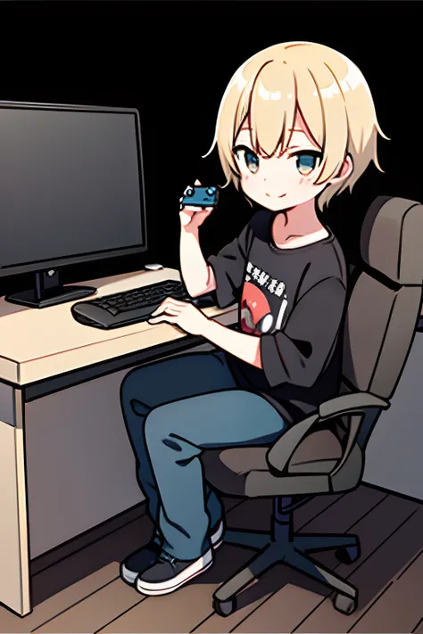 ((Best Quality)), ((masutepiece)), (Detailed), boy, hair black, full body, smile, gaming on the computer, casual clothes,shota