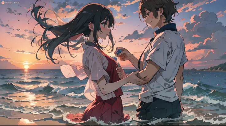 a anime couple is happily playing in the sea, at the beach, at a sunset, makato shinkai style --auto --s2