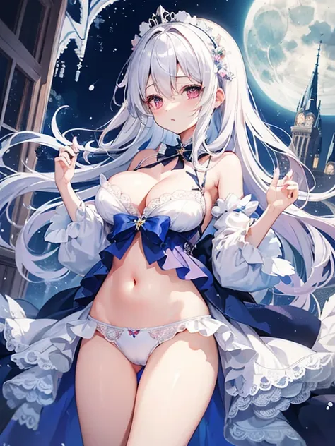 女の子1人、white  hair、Pink eyes、length hair、fluffy and soft hair、Cinderella、Cinderellas Castle、lace dresses、natta、moonlight、Its snowing、爆乳、cleavage of the breast、Enchanted breasts、Enchanted thighs、Pink lip、耳环、White lace ribbon、frilld、Navel Ejection、Sparkling e...