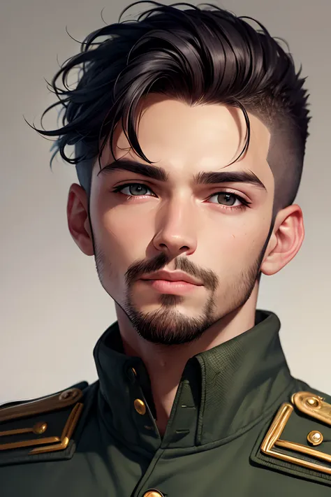 (best quality, masterpiece:1.2), 1man, detailed hair, detailed eyes, detailed lips, (((militar hair))), ((short hair)), (dark skin:1.2), mohawk hair, black hair, brown eyes, anchor beard, militar uniform, portrait, (crazy)