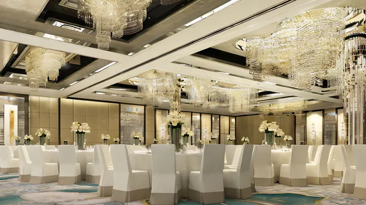 (Best quality,4K,8K,A high resolution,Masterpiece:1.2),Ultra-detailed,(Realistic,Photorealistic,photo-realistic:1.37) A large room with lots of chairs and tables, luxurious environment, enchanted surroundings, Exquisite rendering, ball room, building rende...