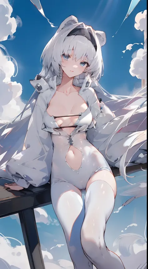 Leakage out of the collarbone，Neck leakage，Pose for a photo，Bigboobs，upper legs， long whitr hair，Transparent sex clothing，  exteriors， Clouds， Eau， Sumeru， Clouds，