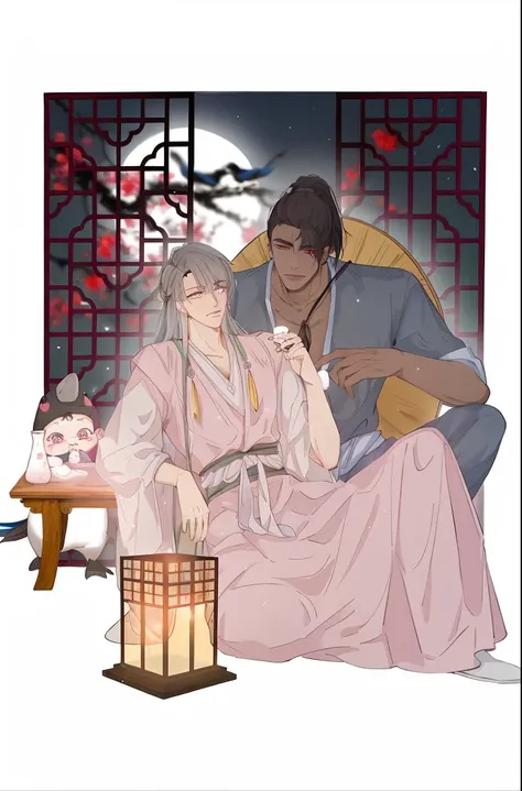 anime characters sitting on a bench with a lantern and a cat, yiqiang and shurakrgt, official fanart, by Zhou Fang, heise jinyao, full body wuxia, by Yang J, ruan jia and brom, inspired by Wu Daozi, by Okada Beisanjin, inspired by Nishikawa Sukenobu