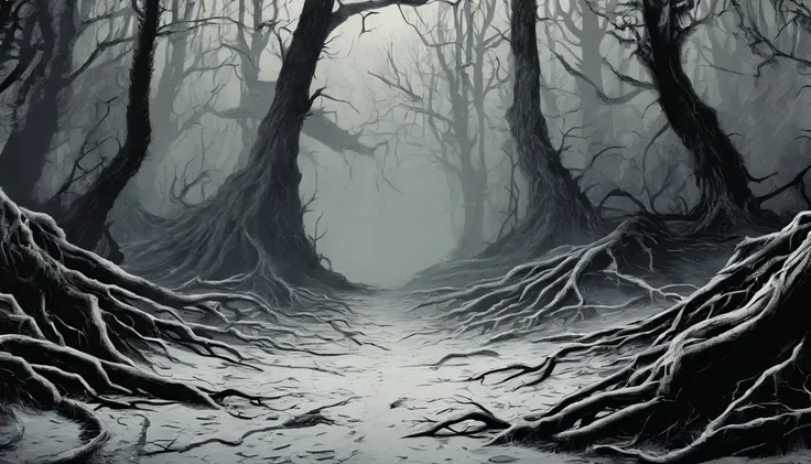 dark forest at night with thick tree roots and no path