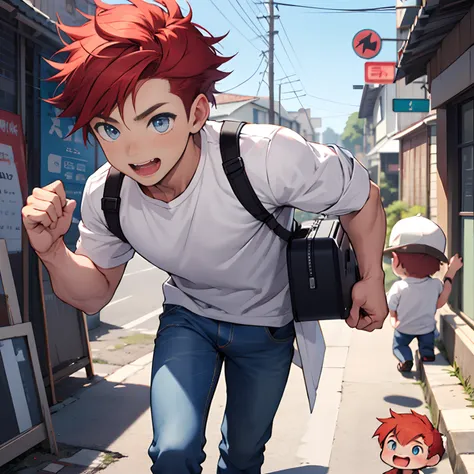 1boy, cute chibi child, redhead, blue eyes, binoculars, white shirt and blue jeans, excited