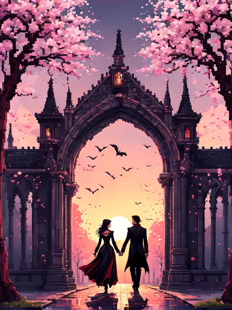 (symmetrical:1.6), (((view behind the elegant gothic arc))), (pixel art:1.3), (low angle shot:1.3), (vampire love couple on a long cosmic street), (gothic architecture), (cherry blossom trees), sunrise, street, vampiric