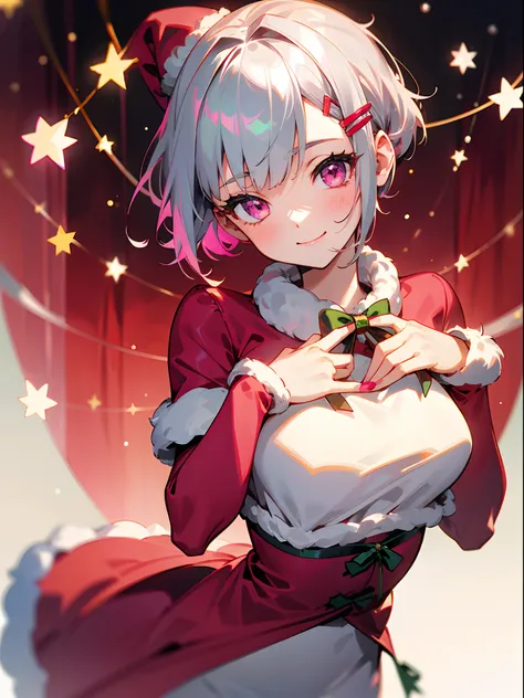 1girl in、short hair with silver bob styled in a bun with hair clip, pink eyes、small tits、a smile、laugh、christmas、dressed in sant...