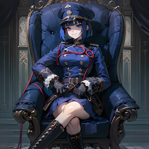 one gothic maiden anime young girl, dark blue haired, on-eyebrow bangs, bob cut hair, military cap, (Sanpaku blue eyes:1.3), unpleasant smile, sitting on elegant chair with her back straight, perfect anatomy, （holding both ends of short whip with both hand...