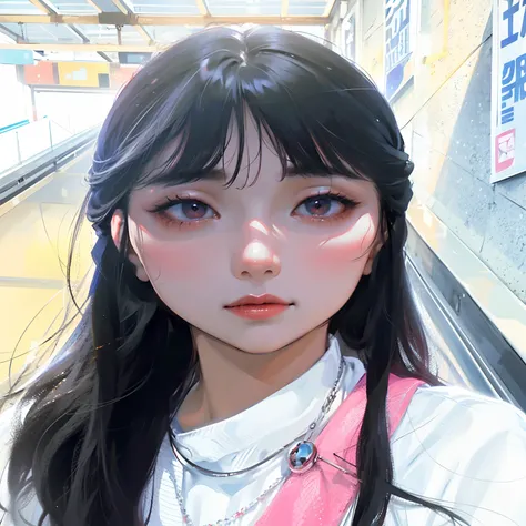 Asian woman with long hair and red lipstick standing on an escalator, ulzzangs, with round face, portrait of jossi of blackpink, Shin Jinying, jaeyeon nam, With bangs, Choi Hyun-hwa, headshot profile picture, Kim Do-young, with full bangs, gongbi, sakimich...