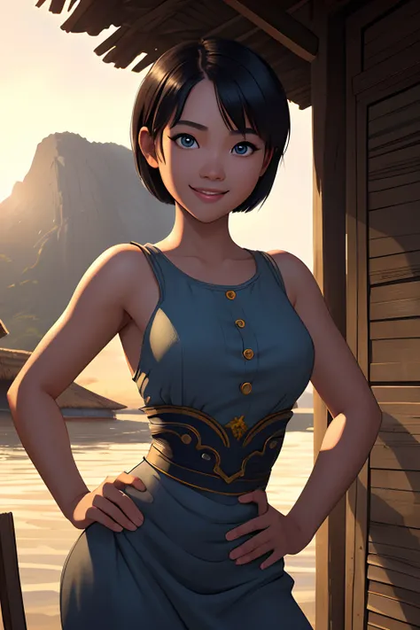 (masterpiece, best quality:1.1576), (ultra-detailed:1.1025), (cinematic lighting, illustration:1.05, beautiful detailed eyes, 1girl:1.05), Filipino girl, short hair, smile, summer, village, hands at hips