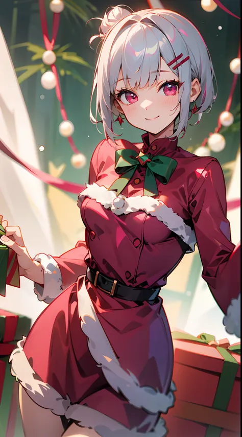 1girl in、short hair with silver bob styled in a bun with hair clip, pink eyes、small tits、a smile、laugh、christmas、dressed in sant...