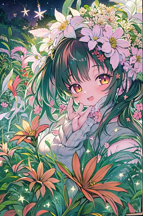 of the highest quality, high_resolution, Distinct_image, Detailed background, girl, flower, garden, Starry sky,、Huge chubby、Ultramammy