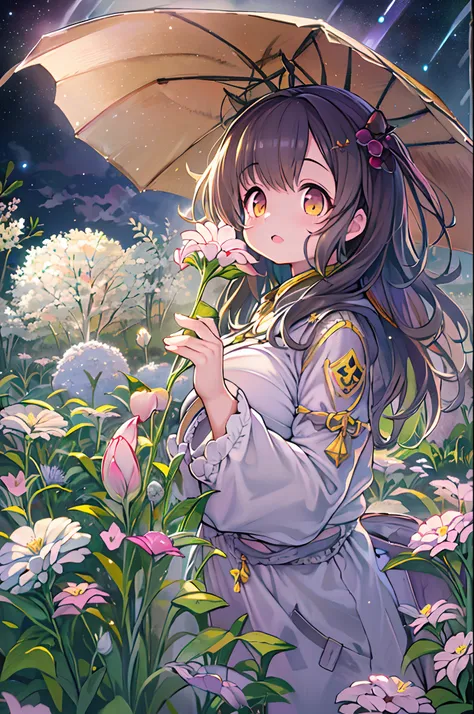 of the highest quality, high_resolution, Distinct_image, Detailed background, girl, flower, garden, Starry sky,、Huge chubby、Ultramammy