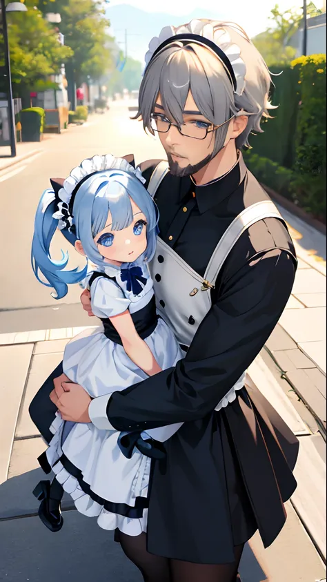 anime girl, Lola, Ashy hair color, blue beautiful, Pronounced eyes sparkle, In maid costume short skirt, black stockings, Next to her is a grown man with a beard, also in a maid costume, long skirt