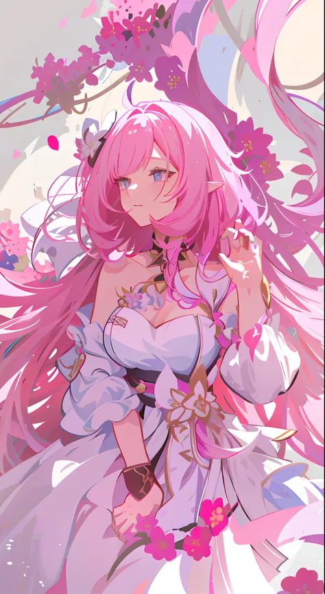 anime girl with pink hair and white dress surrounded by flowers, digital art on pixiv, beautiful anime art style, beautiful anim...