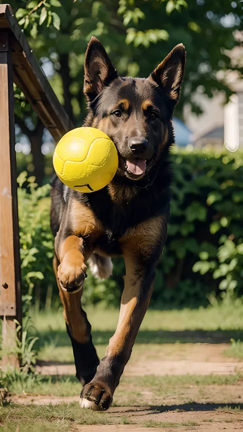 German Shepherd Dog Running After Small Yellow Ball