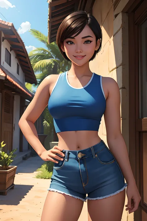 (masterpiece, best quality:1.1576), (ultra-detailed:1.1025), (cinematic lighting, illustration:1.05, beautiful detailed eyes, 1girl:1.05), Filipino girl, 24-years-old, athletic body, short hair, blue crop top, high waisted shorts, smile, summer, village, h...