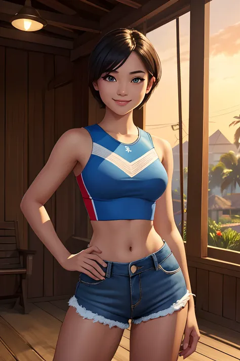 (masterpiece, best quality:1.1576), (ultra-detailed:1.1025), (cinematic lighting, illustration:1.05, beautiful detailed eyes, 1girl:1.05), Filipino girl, 24-years-old, athletic body, short hair, blue crop top, high waisted shorts, smile, summer, village, h...