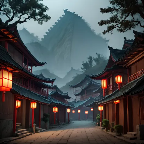 a chinese-style village，many trees，spooky environment