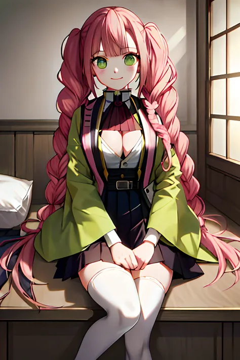 masterpiece, best quality, ultra-detailed, Potrait of beautiful MitsuruDS, solo, demon_slayer_uniform, smile, long_sleeves, looking_at_viewer, japanese_clothes, breasts, haori, cleavage, closed_mouth, jacket, large_breasts, open_clothes, skirt, belt, black...