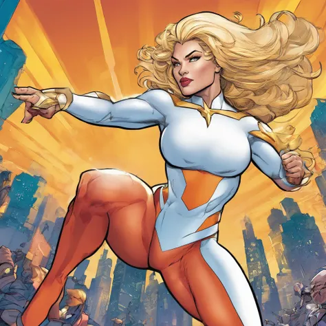 Female Omni man from invincible, blonde, muscular