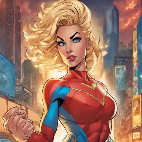 An extremely muscular female Omni-Man from Invincible, with detailed blonde hair, captivating blue eyes, and a strong jawline, standing against a backdrop of a vibrant cityscape at twilight. She is wearing a form-fitting superhero costume, showcasing her w...