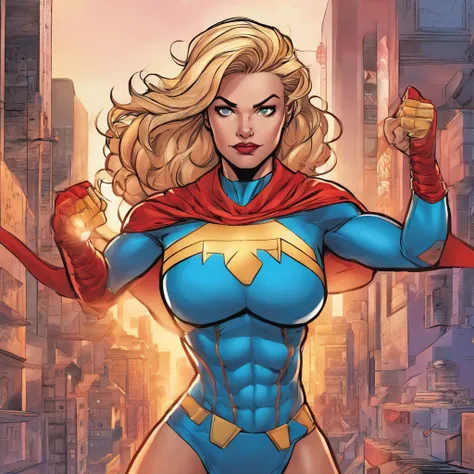 An extremely muscular female Omni-Man from Invincible, with detailed blonde hair, captivating blue eyes, and a strong jawline, standing against a backdrop of a vibrant cityscape at twilight. She is wearing a form-fitting superhero costume, showcasing her w...