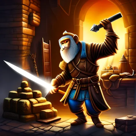 fantasy ,monkey blacksmith, holding a hammer, working in a anvil, forging a sword, no background, solid color background