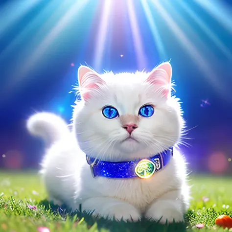 A white beckoning cat with a cute face that calls for good fortune、The eyes are a beautiful blue and the eyes are black and large。Wearing a crystal collar。Sitting in the middle of the front。There is a glitter and a halo。3D.realisitic