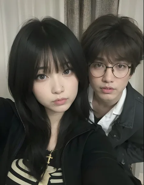 there is a man and woman taking a selfie together, Ayami Kojima y Yoshitaka Amano, Pixivs y Junji Ito, ulzzang, flequillo esponjoso, por Ayami Kojima, Ayami Kojima y Greg Rutkowski, con flequillo, El Corte Hime, Ella tiene el pelo negro con flequillo, Saki...