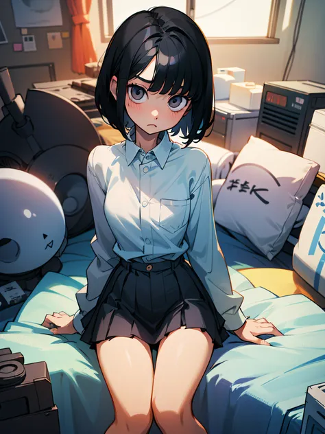 Woman with short black hair、skinny thigh、white  shirt、a miniskirt、sitting on、Cluttered room