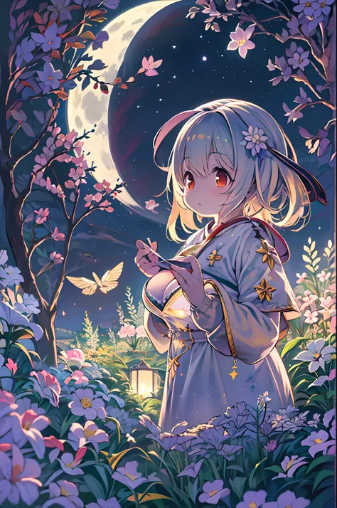 of the highest quality, high_resolution, Distinct_image, Detailed background, girl, flower, garden, Starry sky,、Huge chubby、Ultramammy、Under the full moon