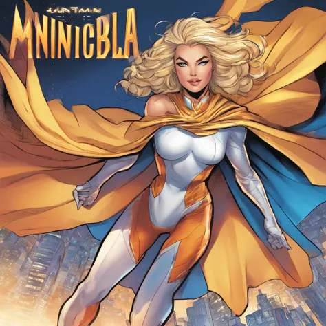 Female Omni man from invincible, short bob cut blonde hair, muscular, masterpiece, perfect eyes, wearing cape, heroic pose