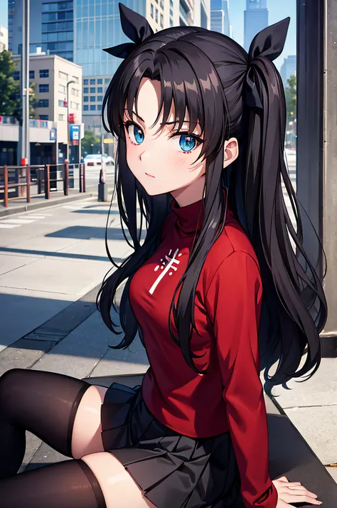 (masterpiece), best quality, expressive eyes, perfect face, 1girl, solo, rintohsaka, rin tohsaka, aqua eyes, black hair, hair ribbon, long hair, ribbon, sidelocks, two side up, black skirt, black thighhighs, long sleeves, miniskirt, pleated skirt, ((red sw...